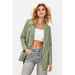 Trendyol Mint Double Breasted Closure Woven Lined Faux Leather Blazer Jacket obraz