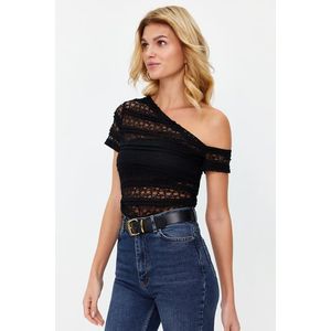 Trendyol Black Lace Asymmetric Neck Fitted/Situated Knitted Blouse obraz