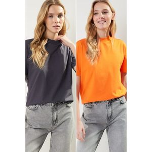 Trendyol Anthracite-Orange 2-Pack Basic High Neck Knitted T-Shirt obraz