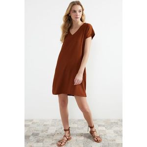 Trendyol Tile Crepe/Textured V-Neck Shift/Plain Knitted Mini Dress obraz