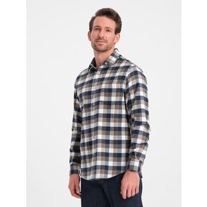 Ombre Classic men's flannel check cotton shirt - brown and navy blue obraz