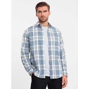 Ombre Classic men's flannel cotton plaid shirt - blue and cream obraz