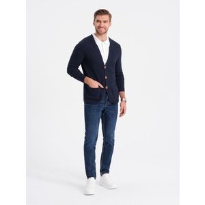 Ombre Men's structured cardigan sweater with pockets - navy blue obraz