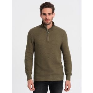 Ombre Men's knitted sweater with spread collar - olive obraz