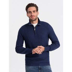 Ombre Men's knitted sweater with spread collar - dark blue obraz