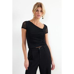 Trendyol Black Asymmetric Collar Tulle Elastic Knitted Blouse obraz