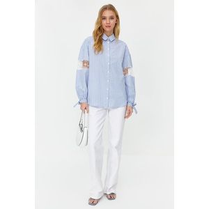 Trendyol Blue Sleeve Brode Detail Cotton Blended Striped Woven Shirt obraz