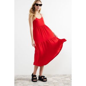 Trendyol Red Flounce Relaxed Cut Strap Midi Woven Dress obraz