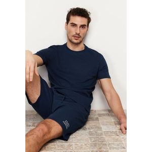 Trendyol Navy Blue Regular Fit Textured Knitted Pajamas Set with Shorts obraz