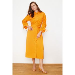 Trendyol Orange Belted Cotton Woven Shirt Dress with Adjustable Sleeves obraz