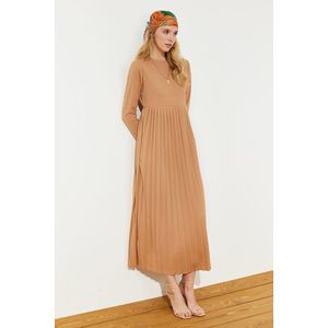 Trendyol Camel Skirt Pleated Scuba Knitted Dress obraz