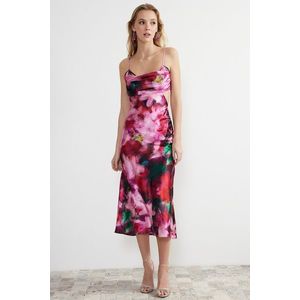 Trendyol růžovo-pestré tkané saténové elegantní večerní šaty s květinovým vzorem obraz