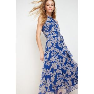 Trendyol Navy Blue Floral Print Belted A-line Halter Neck Sleeveless Midi Lined Woven Dress obraz