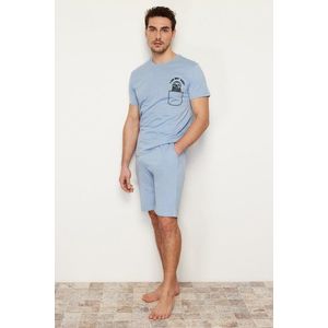 Trendyol Blue Printed Regular Fit Knitted Summer Shorts Pajamas Set obraz