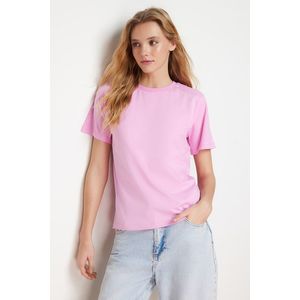 Trendyol Růžové 100% Bavlněné Základní Tričko s Kulatým Výstřihem obraz