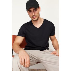 Trendyol Black Regular/Normal Cut V-Neck Basic 100% Cotton T-Shirt obraz