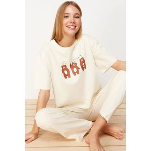 Trendyol Beige 100% Cotton Teddy Bear Printed T-shirt-Pants Knitted Pajama Set obraz