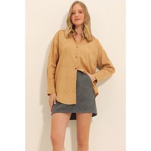 Trend Alaçatı Stili Women's Biscuit Motif Oversize Linen Shirt obraz
