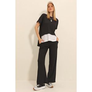Trend Alaçatı Stili Women's Black Crew Neck Skirt Garnished Blouse and Palazzo Trousers Double Crinkle Suit obraz