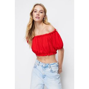 Trendyol Red Carmen Collar Gossamer Crop Knitted Blouse obraz