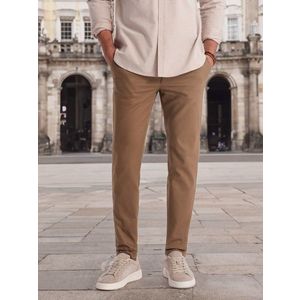 Ombre Men's classic cut chino pants with fine texture - brown obraz