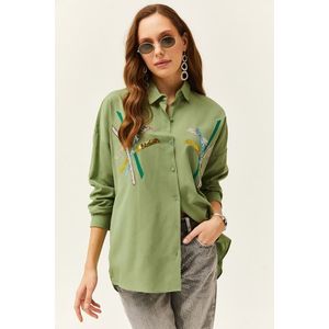 Olalook dámská hořčicově zelená košile s flitry a tkanou tyčí obraz