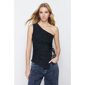 Trendyol Black Weathered/Faded Effect Body-Shouldered Ribbed Cotton Stretch Knitted Blouse obraz