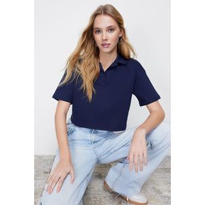 Trendyol Navy Blue 100% Cotton Crop Polo Collar Knitted T-Shirt obraz