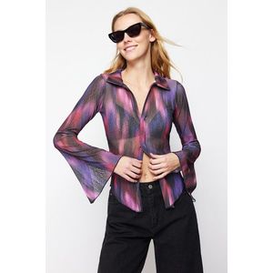 Trendyol Purple Special Textured Fitted/Fitted Printed Shirt Collar Stretch Knitted Blouse obraz