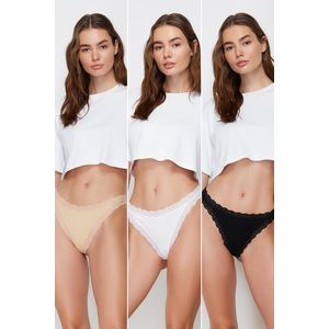 Trendyol Black-White-Nude 3-Pack 100% Cotton Ribbed Lace Detailed String Knitted Briefs obraz