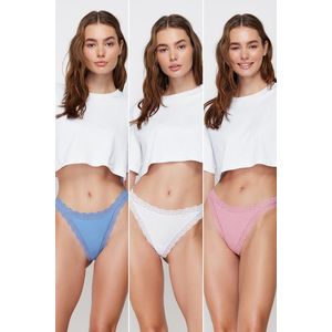 Trendyol White-Pink-Blue 3-Pack 100% Cotton Ribbed Lace Detailed String Knitted Briefs obraz