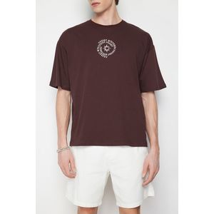 Trendyol Brown Oversize/Wide-Fit 100% Cotton T-shirt with Text Embroidery obraz
