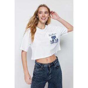 Trendyol White 100% Cotton Pocket Embroidery Detail Crop Knitted T-Shirt obraz