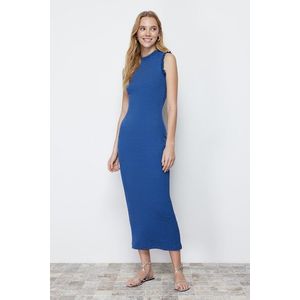 Trendyol Indigo Ruffle Detailed Ribbed Fitted Midi Smart Flexible Knitted Pencil Dress obraz