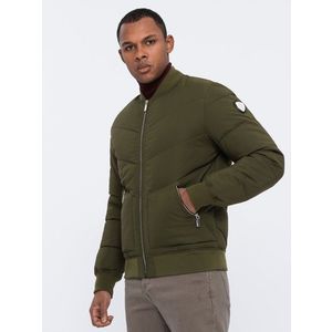 Ombre Men's quilted bomber jacket with metal zippers - dark olive green obraz