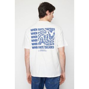 Trendyol Ecru Relaxed/Comfortable Cut Text Printed Short Sleeve 100% Cotton T-Shirt obraz