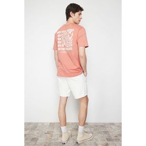 Trendyol Pale Pink Relaxed/Comfortable Cut Text Printed Short Sleeve 100% Cotton T-Shirt obraz