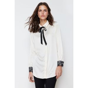 Trendyol Stone Collar Bow and Lace Detailed Satin Woven Shirt obraz