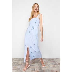 Trendyol Blue A-Line Embroidered Square Neck Maxi Woven Dress obraz