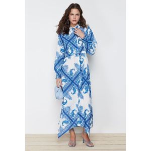 Trendyol modré šaty s asymetrickým vzorem šálu, detailně vázané, tkané šaty obraz
