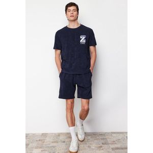 Trendyol Navy Blue Regular Fit Embroidered Terry Fabric Shorts Pajamas Set obraz
