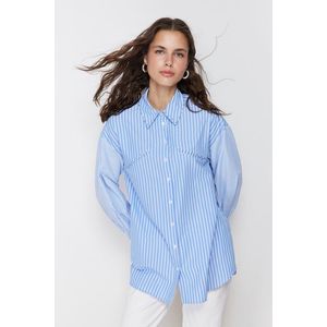 Trendyol Blue Stone Detailed Cotton Woven Striped Shirt obraz