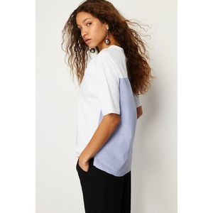 Trendyol White Striped Poplin Detailed Oversize/Wide Pattern Knitted T-Shirt obraz
