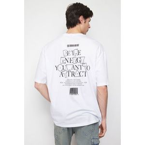 Trendyol White Oversize / Wide Cut Raised Text Printed 100% Cotton T-Shirt obraz