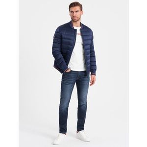 Ombre Men's satin finish bomber jacket with contrasting ribbed cuffs - dark blue obraz