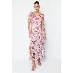 Trendyol růžové květinové šaty s volánky z šifonu, podšité, maxi tkané šaty obraz