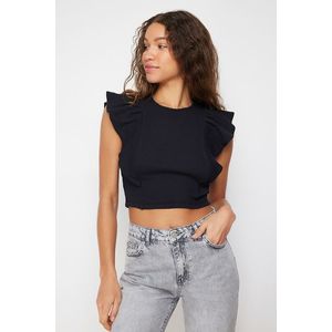 Trendyol Black Frilly Sleeves Ribbed Stretchy Crew Neck Crop Knitted Blouse obraz