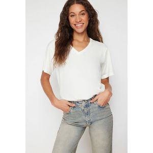 Trendyol Ecru 100% Cotton Oversize/Wide Fit V-Neck Knitted T-Shirt obraz