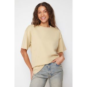 Trendyol Dark Beige 100% Cotton Oversize/Wide Fit Crew Neck Knitted T-Shirt obraz