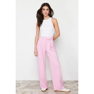 Trendyol růžové pletené kalhoty s vysokým pasem, zapínáním na suchý zip a širokými nohavicemi/širokým střihem obraz